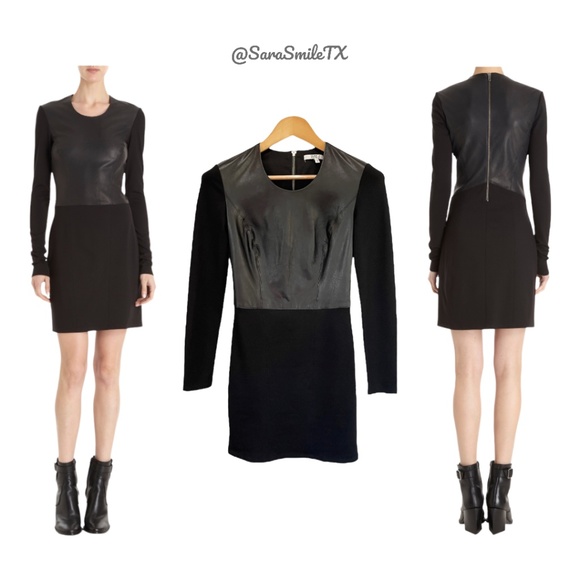 Helmut Lang Dresses & Skirts - HELMUT LANG Black Lambskin Leather Panel Long Sleeve Mini Dress NWOT